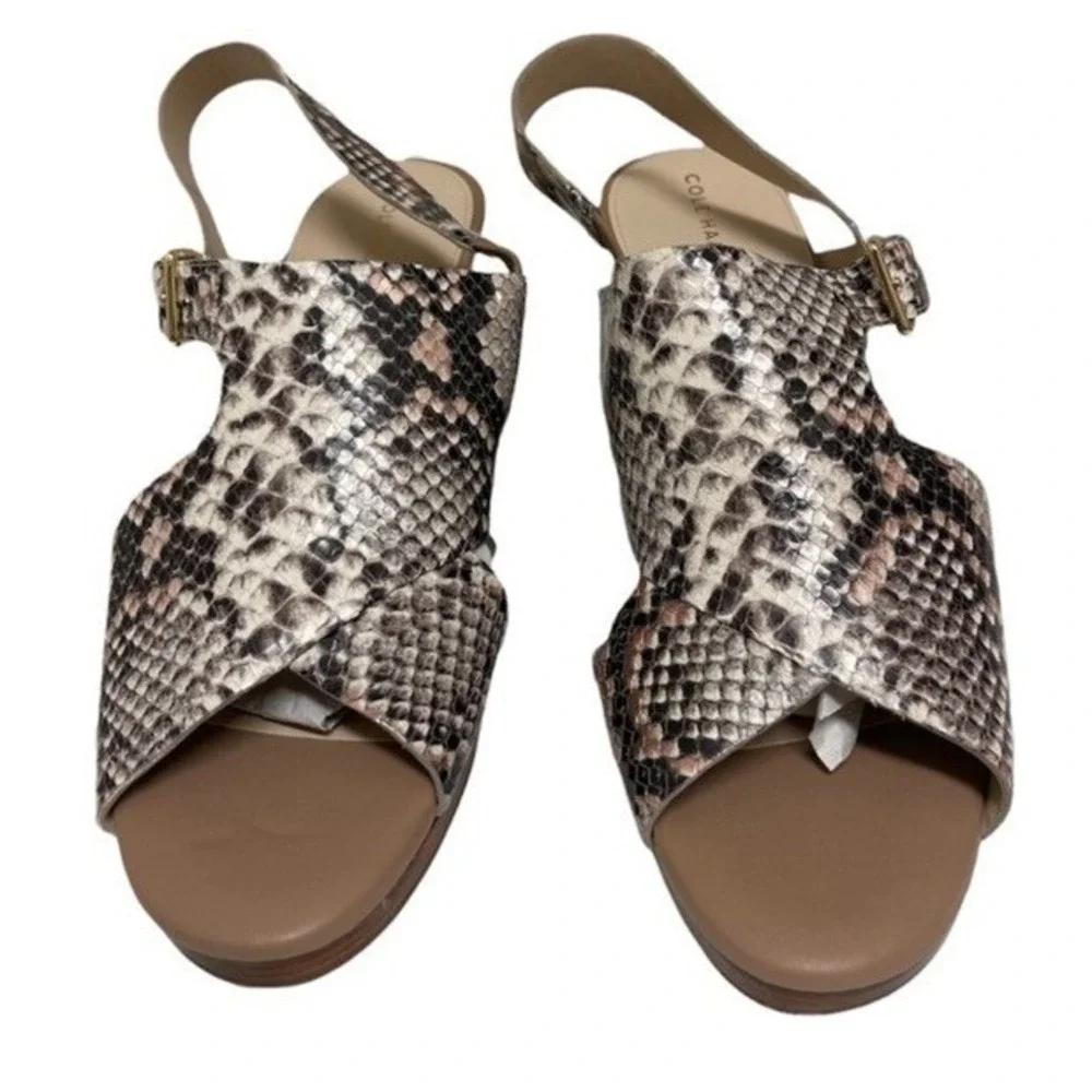 Cole Haan Grand Ambition Wedge Sandals Womens 10 Snakeskin Slingback Beige